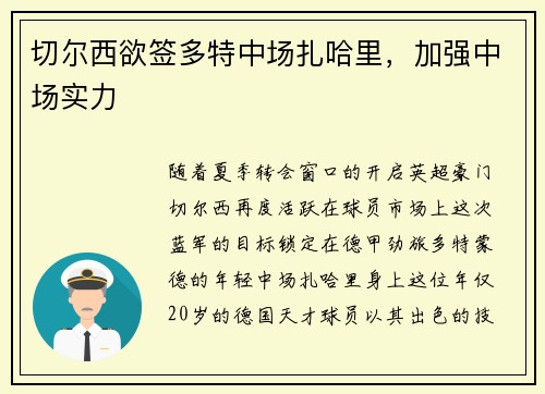 切尔西欲签多特中场扎哈里，加强中场实力
