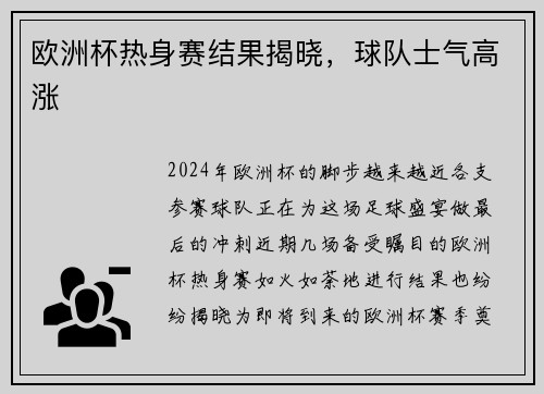 欧洲杯热身赛结果揭晓，球队士气高涨